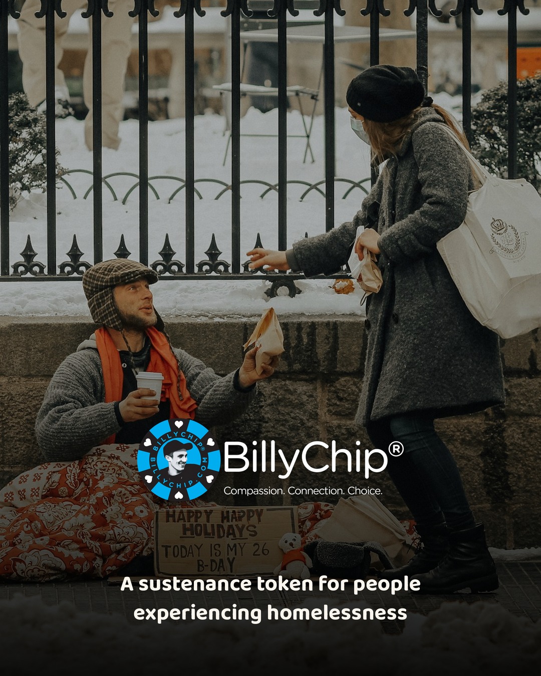 A BillyChip being handed to someone on the street